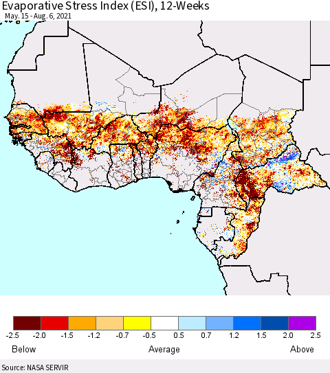 Western Africa Evaporative Stress Index (ESI), 12-Weeks Thematic Map For 8/2/2021 - 8/8/2021