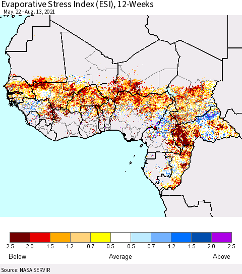 Western Africa Evaporative Stress Index (ESI), 12-Weeks Thematic Map For 8/9/2021 - 8/15/2021