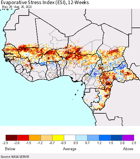 Western Africa Evaporative Stress Index (ESI), 12-Weeks Thematic Map For 8/16/2021 - 8/22/2021