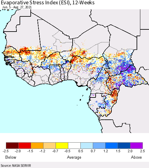 Western Africa Evaporative Stress Index (ESI), 12-Weeks Thematic Map For 8/23/2021 - 8/29/2021