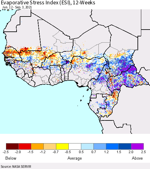 Western Africa Evaporative Stress Index (ESI), 12-Weeks Thematic Map For 8/30/2021 - 9/5/2021