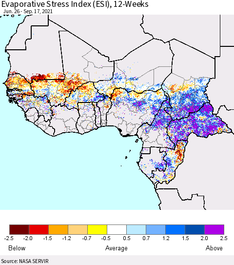 Western Africa Evaporative Stress Index (ESI), 12-Weeks Thematic Map For 9/13/2021 - 9/19/2021