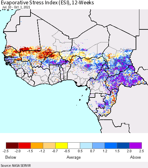Western Africa Evaporative Stress Index (ESI), 12-Weeks Thematic Map For 9/27/2021 - 10/3/2021