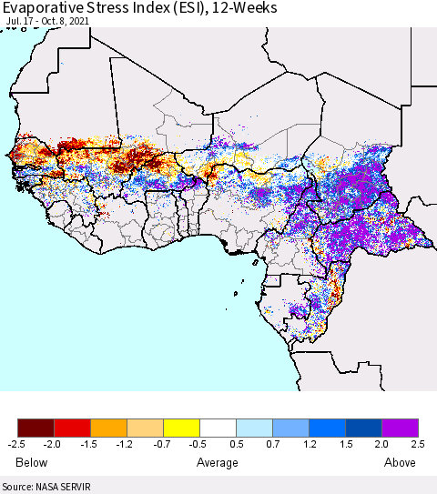 Western Africa Evaporative Stress Index (ESI), 12-Weeks Thematic Map For 10/4/2021 - 10/10/2021