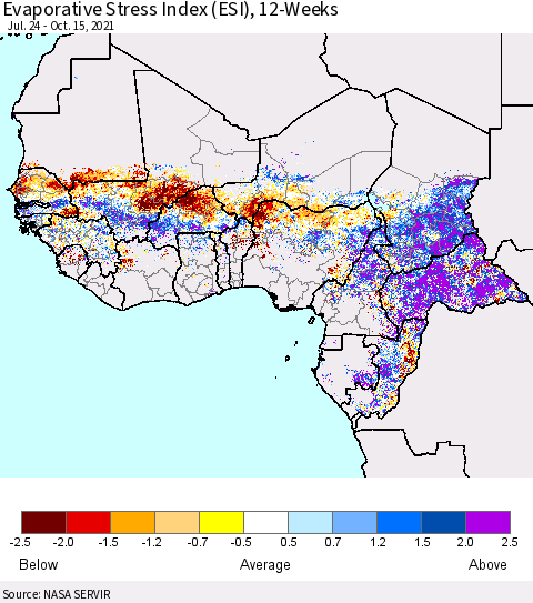 Western Africa Evaporative Stress Index (ESI), 12-Weeks Thematic Map For 10/11/2021 - 10/17/2021