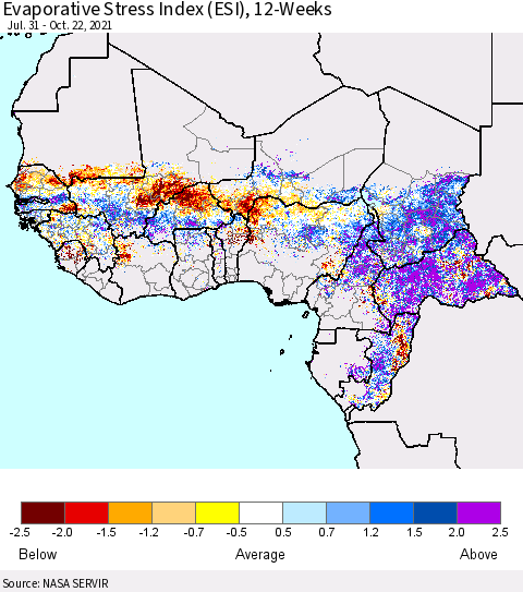 Western Africa Evaporative Stress Index (ESI), 12-Weeks Thematic Map For 10/18/2021 - 10/24/2021
