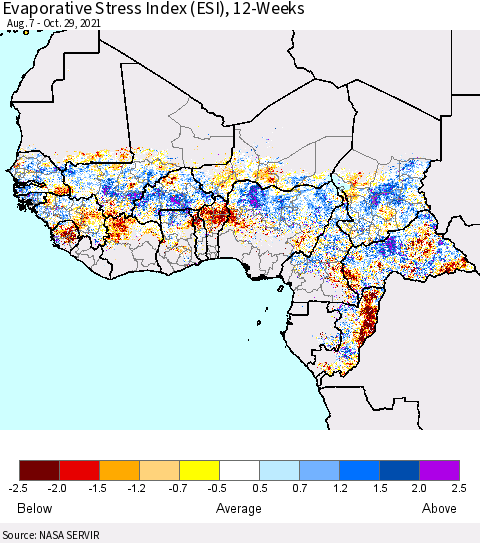 Western Africa Evaporative Stress Index (ESI), 12-Weeks Thematic Map For 10/25/2021 - 10/31/2021