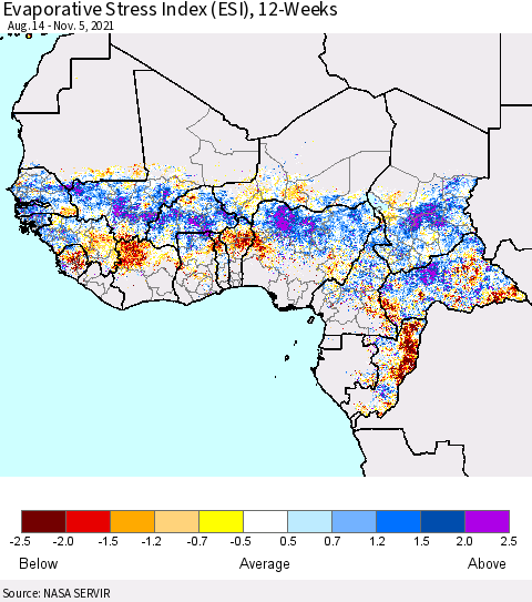 Western Africa Evaporative Stress Index (ESI), 12-Weeks Thematic Map For 11/1/2021 - 11/7/2021