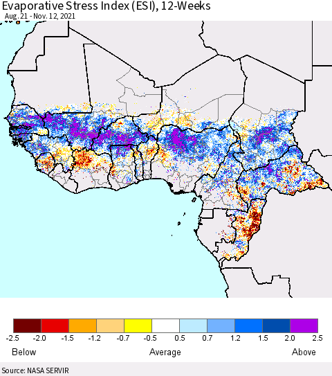 Western Africa Evaporative Stress Index (ESI), 12-Weeks Thematic Map For 11/8/2021 - 11/14/2021