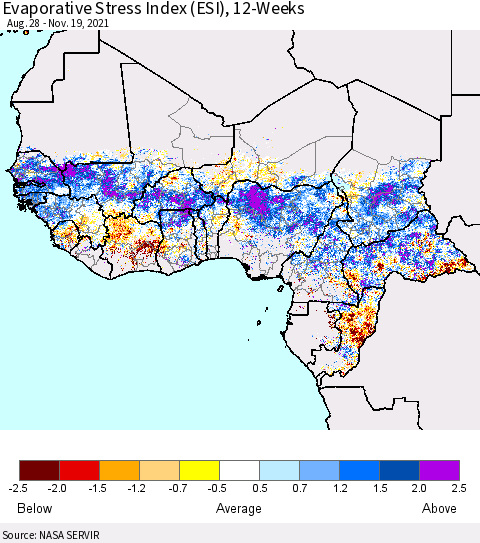 Western Africa Evaporative Stress Index (ESI), 12-Weeks Thematic Map For 11/15/2021 - 11/21/2021