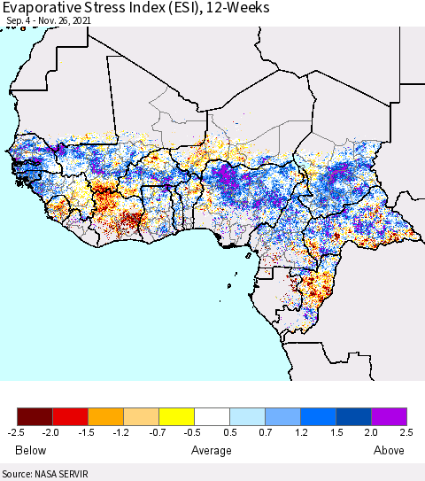 Western Africa Evaporative Stress Index (ESI), 12-Weeks Thematic Map For 11/22/2021 - 11/28/2021