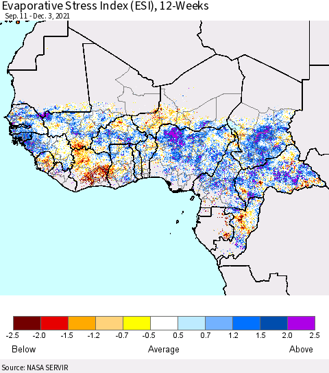 Western Africa Evaporative Stress Index (ESI), 12-Weeks Thematic Map For 11/29/2021 - 12/5/2021