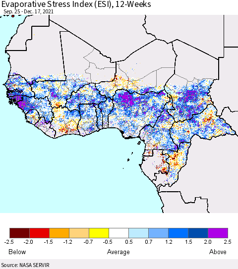 Western Africa Evaporative Stress Index (ESI), 12-Weeks Thematic Map For 12/13/2021 - 12/19/2021