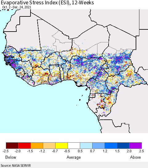 Western Africa Evaporative Stress Index (ESI), 12-Weeks Thematic Map For 12/20/2021 - 12/26/2021