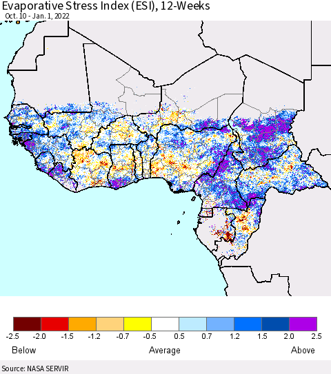 Western Africa Evaporative Stress Index (ESI), 12-Weeks Thematic Map For 12/27/2021 - 1/2/2022