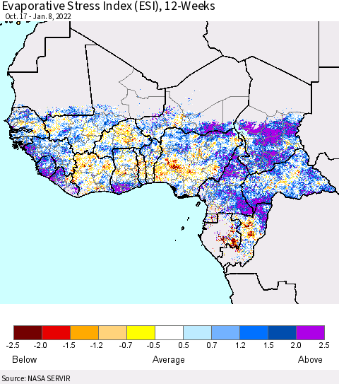 Western Africa Evaporative Stress Index (ESI), 12-Weeks Thematic Map For 1/3/2022 - 1/9/2022
