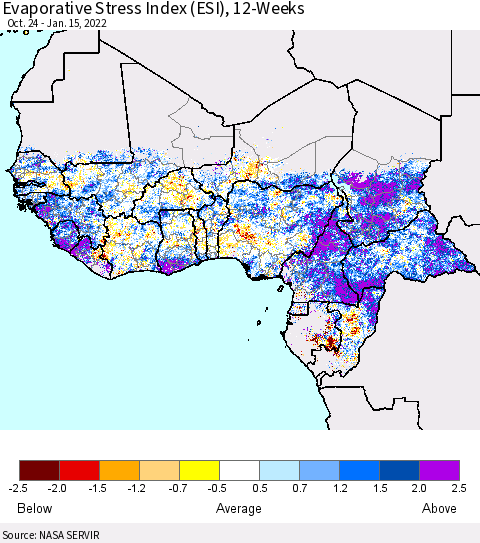 Western Africa Evaporative Stress Index (ESI), 12-Weeks Thematic Map For 1/10/2022 - 1/16/2022