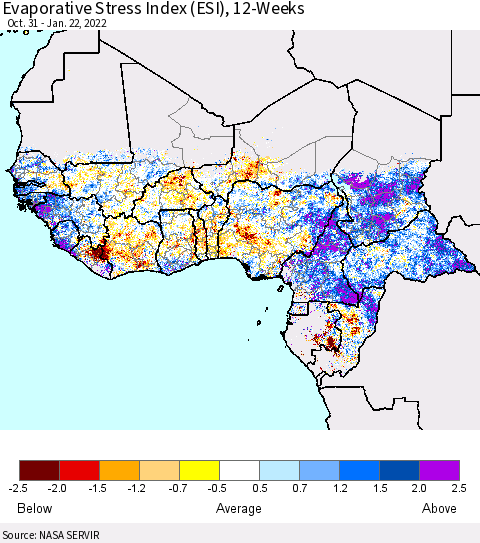 Western Africa Evaporative Stress Index (ESI), 12-Weeks Thematic Map For 1/17/2022 - 1/23/2022