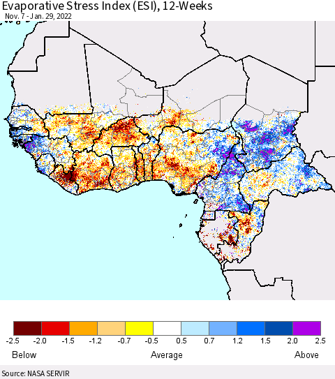 Western Africa Evaporative Stress Index (ESI), 12-Weeks Thematic Map For 1/24/2022 - 1/30/2022