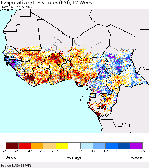 Western Africa Evaporative Stress Index (ESI), 12-Weeks Thematic Map For 1/31/2022 - 2/6/2022