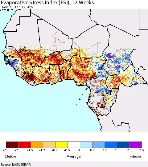 Western Africa Evaporative Stress Index (ESI), 12-Weeks Thematic Map For 2/7/2022 - 2/13/2022