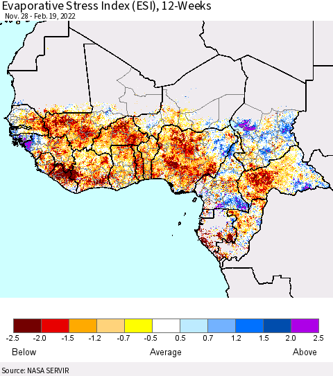 Western Africa Evaporative Stress Index (ESI), 12-Weeks Thematic Map For 2/14/2022 - 2/20/2022