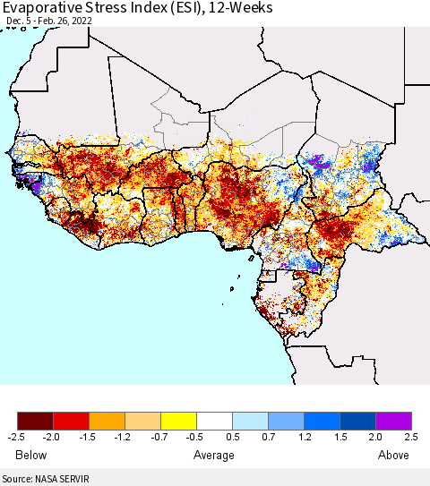 Western Africa Evaporative Stress Index (ESI), 12-Weeks Thematic Map For 2/21/2022 - 2/27/2022