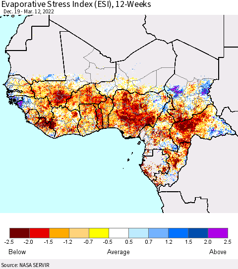 Western Africa Evaporative Stress Index (ESI), 12-Weeks Thematic Map For 3/7/2022 - 3/13/2022