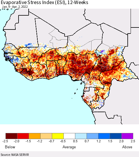 Western Africa Evaporative Stress Index (ESI), 12-Weeks Thematic Map For 3/28/2022 - 4/3/2022