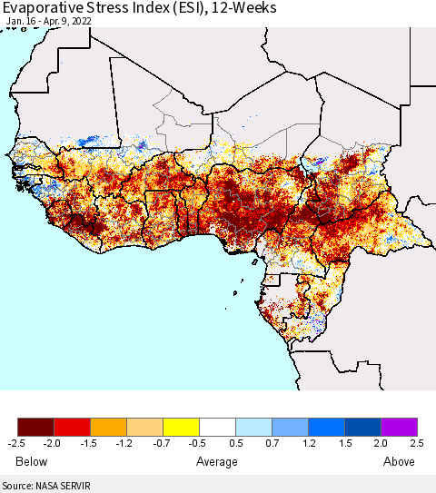 Western Africa Evaporative Stress Index (ESI), 12-Weeks Thematic Map For 4/4/2022 - 4/10/2022