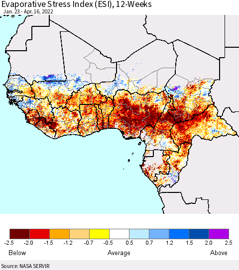 Western Africa Evaporative Stress Index (ESI), 12-Weeks Thematic Map For 4/11/2022 - 4/17/2022