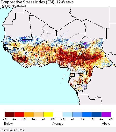 Western Africa Evaporative Stress Index (ESI), 12-Weeks Thematic Map For 4/18/2022 - 4/24/2022