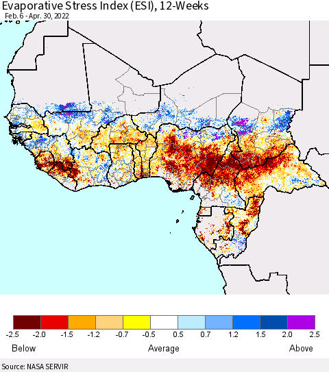 Western Africa Evaporative Stress Index (ESI), 12-Weeks Thematic Map For 4/25/2022 - 5/1/2022