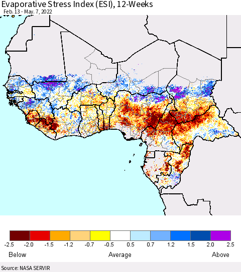 Western Africa Evaporative Stress Index (ESI), 12-Weeks Thematic Map For 5/2/2022 - 5/8/2022