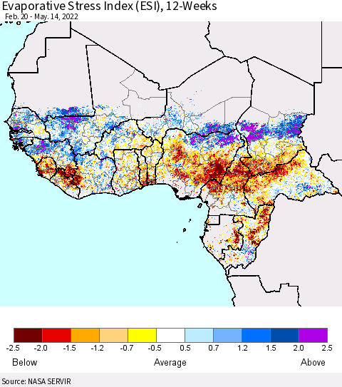 Western Africa Evaporative Stress Index (ESI), 12-Weeks Thematic Map For 5/9/2022 - 5/15/2022