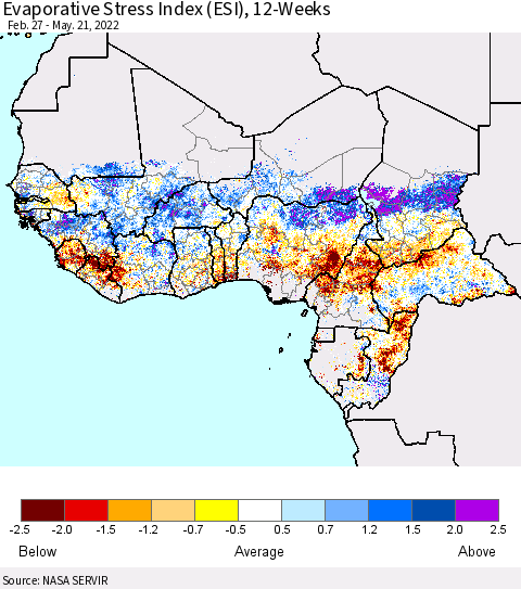 Western Africa Evaporative Stress Index (ESI), 12-Weeks Thematic Map For 5/16/2022 - 5/22/2022