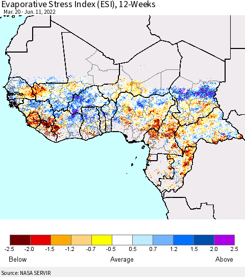 Western Africa Evaporative Stress Index (ESI), 12-Weeks Thematic Map For 6/6/2022 - 6/12/2022