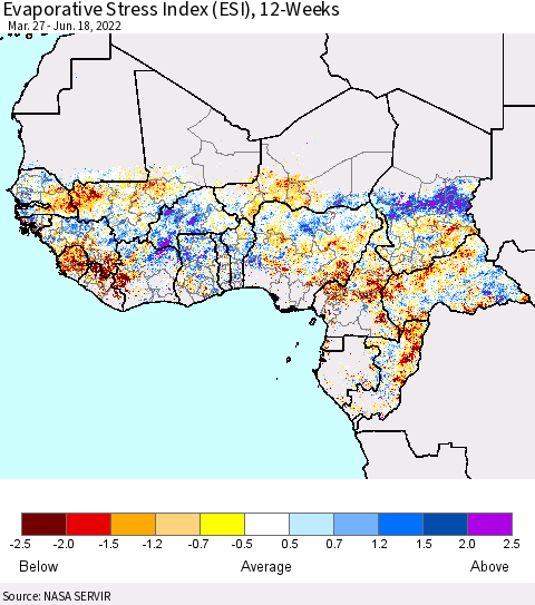 Western Africa Evaporative Stress Index (ESI), 12-Weeks Thematic Map For 6/13/2022 - 6/19/2022