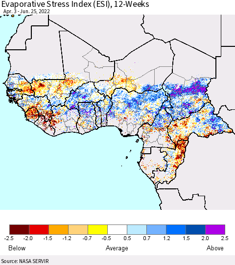 Western Africa Evaporative Stress Index (ESI), 12-Weeks Thematic Map For 6/20/2022 - 6/26/2022