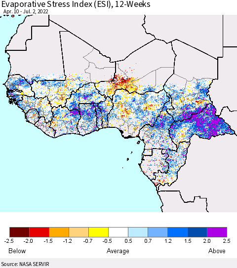 Western Africa Evaporative Stress Index (ESI), 12-Weeks Thematic Map For 6/27/2022 - 7/3/2022