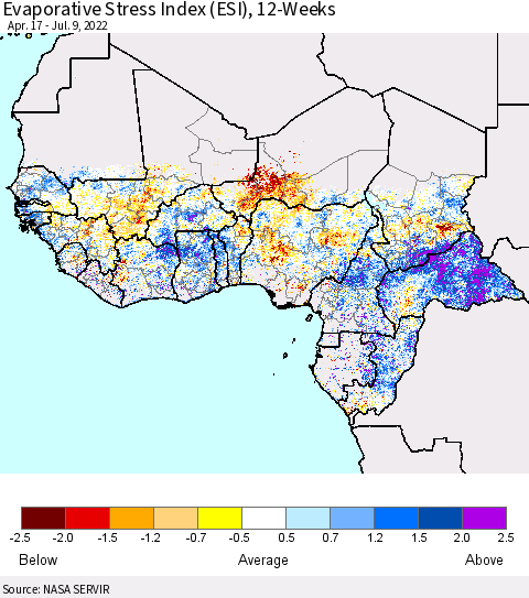 Western Africa Evaporative Stress Index (ESI), 12-Weeks Thematic Map For 7/4/2022 - 7/10/2022