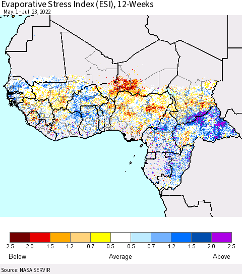 Western Africa Evaporative Stress Index (ESI), 12-Weeks Thematic Map For 7/18/2022 - 7/24/2022