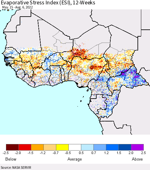Western Africa Evaporative Stress Index (ESI), 12-Weeks Thematic Map For 8/1/2022 - 8/7/2022