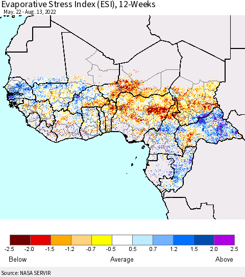 Western Africa Evaporative Stress Index (ESI), 12-Weeks Thematic Map For 8/8/2022 - 8/14/2022
