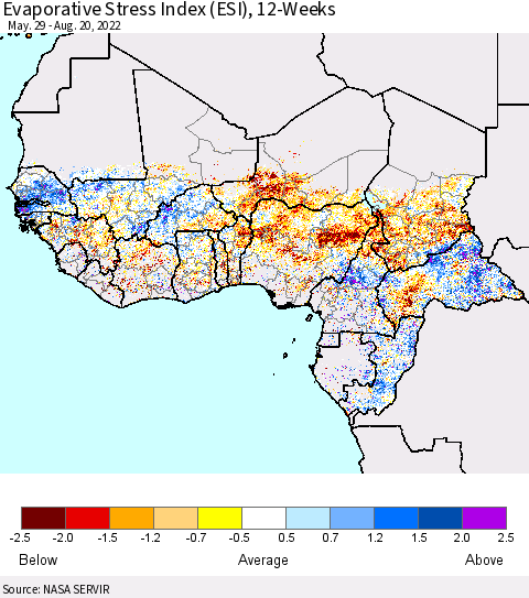 Western Africa Evaporative Stress Index (ESI), 12-Weeks Thematic Map For 8/15/2022 - 8/21/2022