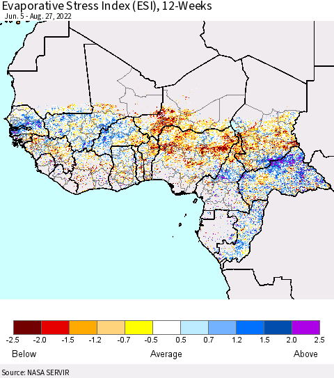 Western Africa Evaporative Stress Index (ESI), 12-Weeks Thematic Map For 8/22/2022 - 8/28/2022
