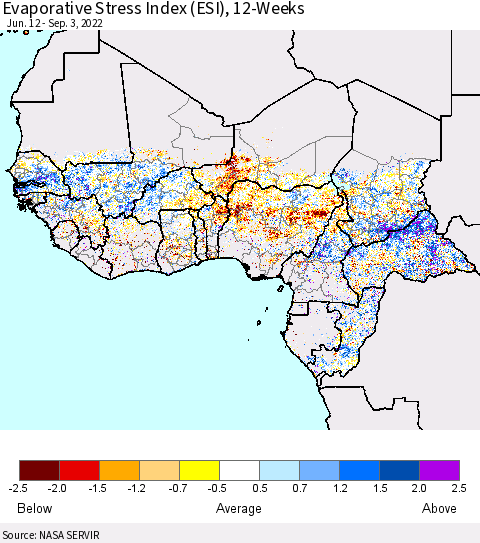Western Africa Evaporative Stress Index (ESI), 12-Weeks Thematic Map For 8/29/2022 - 9/4/2022