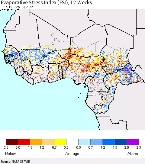 Western Africa Evaporative Stress Index (ESI), 12-Weeks Thematic Map For 9/5/2022 - 9/11/2022
