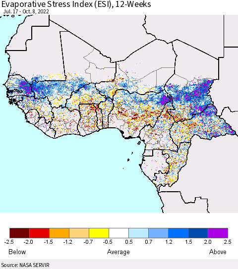 Western Africa Evaporative Stress Index (ESI), 12-Weeks Thematic Map For 10/3/2022 - 10/9/2022