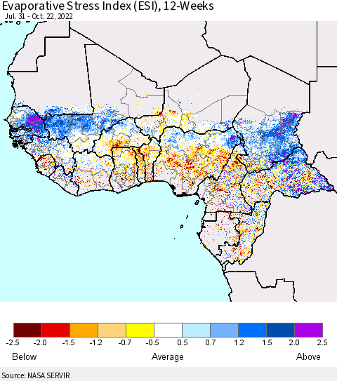 Western Africa Evaporative Stress Index (ESI), 12-Weeks Thematic Map For 10/17/2022 - 10/23/2022
